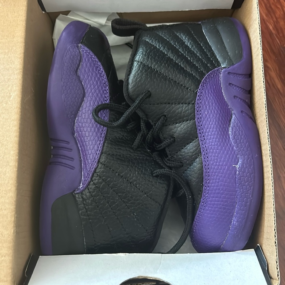 Jordan 12 size 9c. Black and purple.